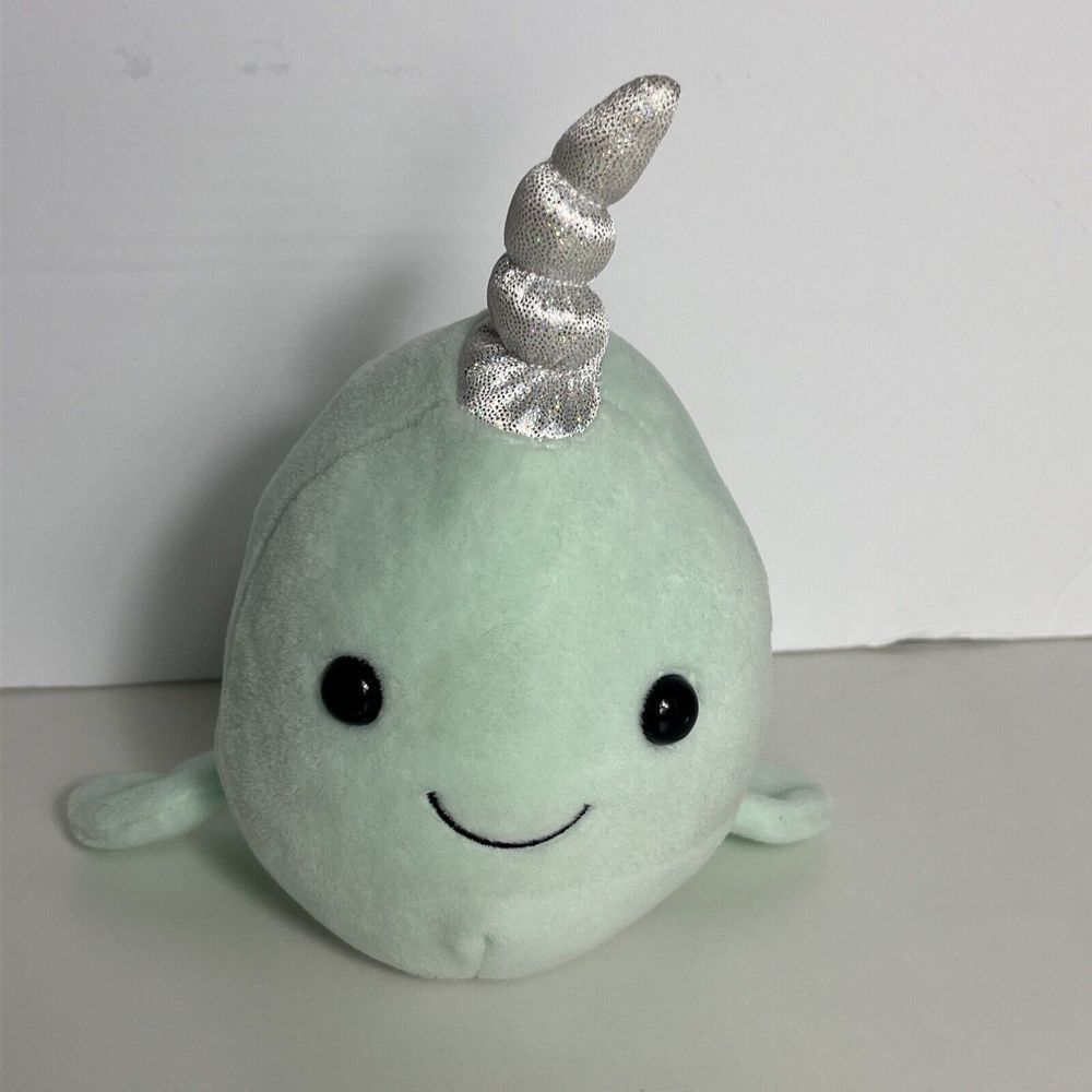 Narwhal Megatoys Plush 8” Soft Green Silver Unicorn Smiling Fish Stuffed Animal